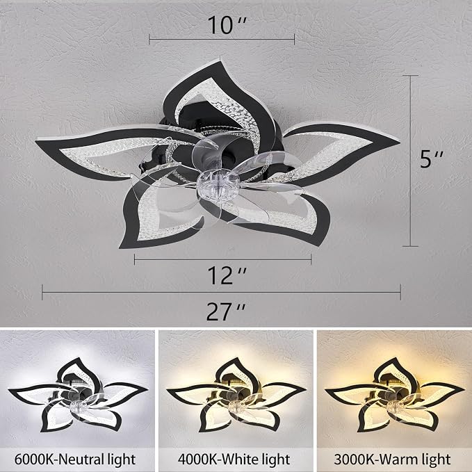 27" Black Geometric Ceiling Fan Lights with Remote, 6 Speeds Adjustable Low Profile Flush Mount Ceiling Fan with Light for Kitchen Bedroom