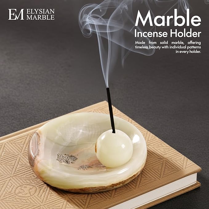 Incense Holder for Sticks, Natural Marble Incense Burner Ash Catcher Plate for Palo Santo, Sage, Meditation, Yoga and Home Decor - Green Onyx