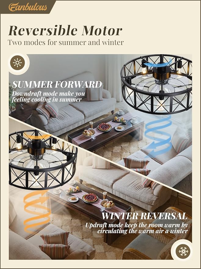 Fanbulous 26 Inch Fandelier Caged Ceiling Fans with Lights and Remote, Black Bladeless Ceiling Fan with 6 Speeds and Timing, Farmhouse Samll Fan Lights Ceiling Fixtures for Kitchen, Bedroom-Black