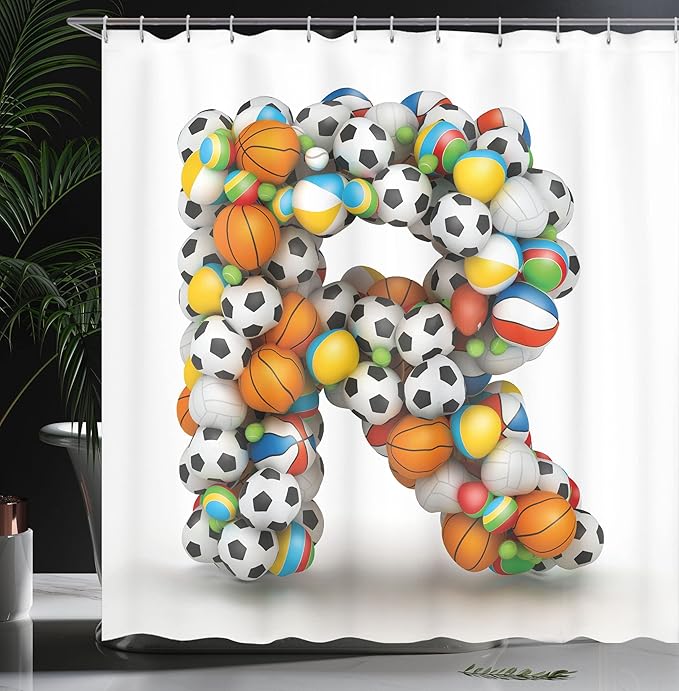 Ambesonne Letter R Shower Curtain, Realistic Looking Volleyball Basketball Soccer Balls Language of The Game Theme, Cloth Fabric Bathroom Decor Set with Hooks, 69" W x 70" L, Orange Multicolor