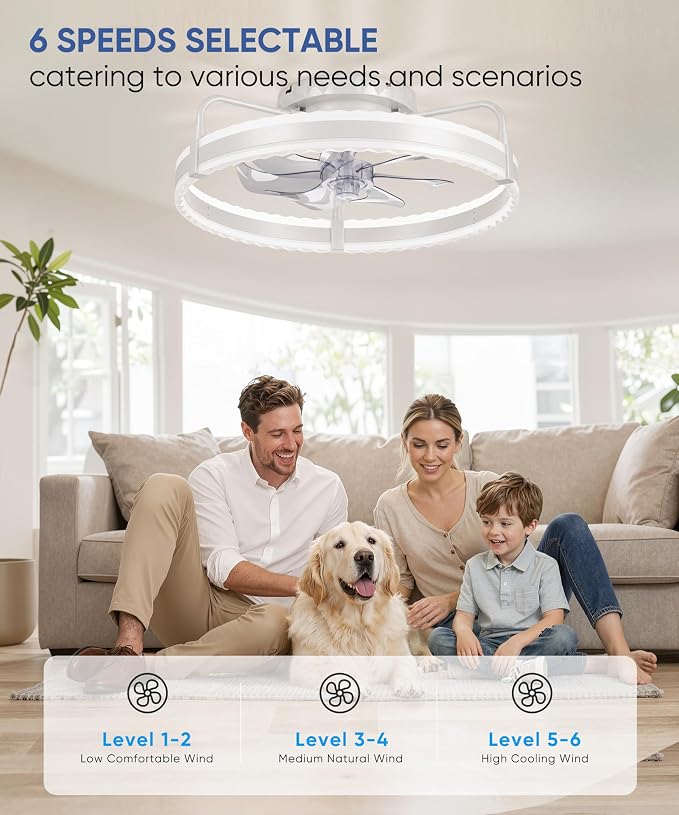 Ceiling Fan with Lights, 20'' Low Profile Ceiling Fans, 3000-6000K Dimmable Fandelier LED Fan Light, White Modern Flush Mount Ceiling Fan, 6 Speeds Reversible DC Motor Noiseless for Bedroom, Kids Room