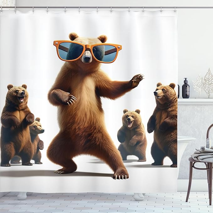 Ambesonne Funny Bear Shower Curtain, Dancing Grizzly with Huge Orange Glasses Cool Pose to Friends Illustration, Cloth Fabric Bathroom Decor Set with Hooks, 69" W x 84" L, Chocolate White