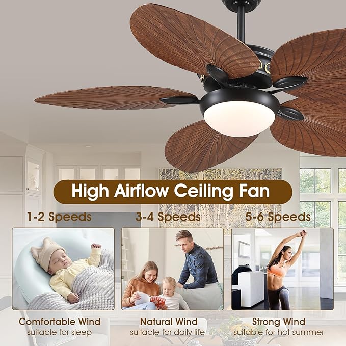 Wiviniya 52 Inch Tropical Ceiling Fans with Lights, Palm Leaf Outdoor Ceiling Fan with Light for Patios Porch Bedroom, Remote/APP Control, Reversible Quiet DC Motor, Dimmable LED, Brown