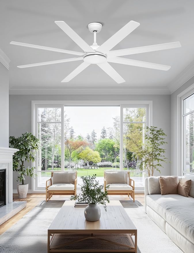 72'' White Large Ceiling Fan No Lights for Indoor/Covered Outdoor | Remote/APP Control, 7138 CFM Airflow, Quiet DC Motor, Reversible Airflow, 8 Blades Modern Overhead Fan for Patio, Shop