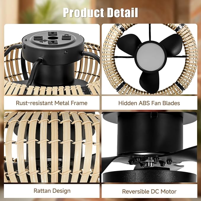ocioc 20" Fandelier Ceiling Fans with Lights and Remote,Caged Ceiling Fan with Light,Flush Mount,Low Profile,Bladeless,Quiet Reversible DC Motor,Boho Rattan Ceiling Fan for Bedroom