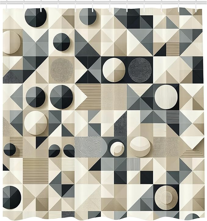 Ambesonne Neutral Shower Curtain, Geometric Style Mosaic Look Squares and Circles Stripes Polygonal Art, Cloth Fabric Bathroom Decor Set with Hooks, 69" W x 84" L, Beige Dark Slate Blue