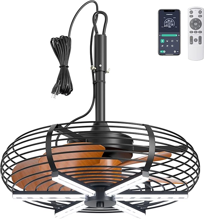 Coolbull Outdoor Ceiling Fans with Lights, 20'' Hanging Fan, Plug and Play | Wet Rated, Remote & APP Control Outdoor Fan with Hook for Gazebos, Patios, Porches, Wood Color