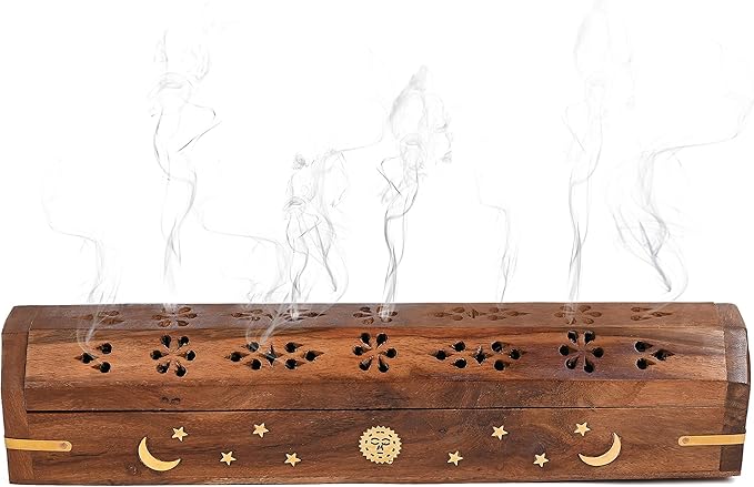 Incense Garden Pack of 2 Incense Stick Holder - Coffin Style - Wood Incense Stick Burner with Sun Moon Star Inlays Handmade with Brass Inlays (Natural)