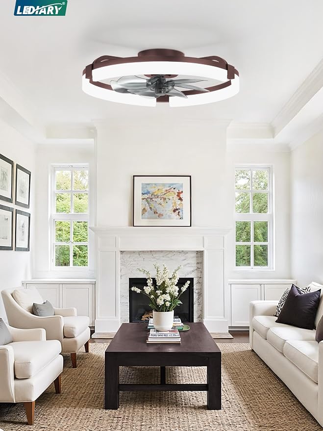 LEDIARY 20" Ceiling Fans with Lights and Remote, Modern Low Profile Ceiling Fan, 3 CCT, Stepless Dimmable, Fandelier Flush Mount Fan Light, 6 Speeds, DC Motor, App & Remote Control for Bedroom(Brown)