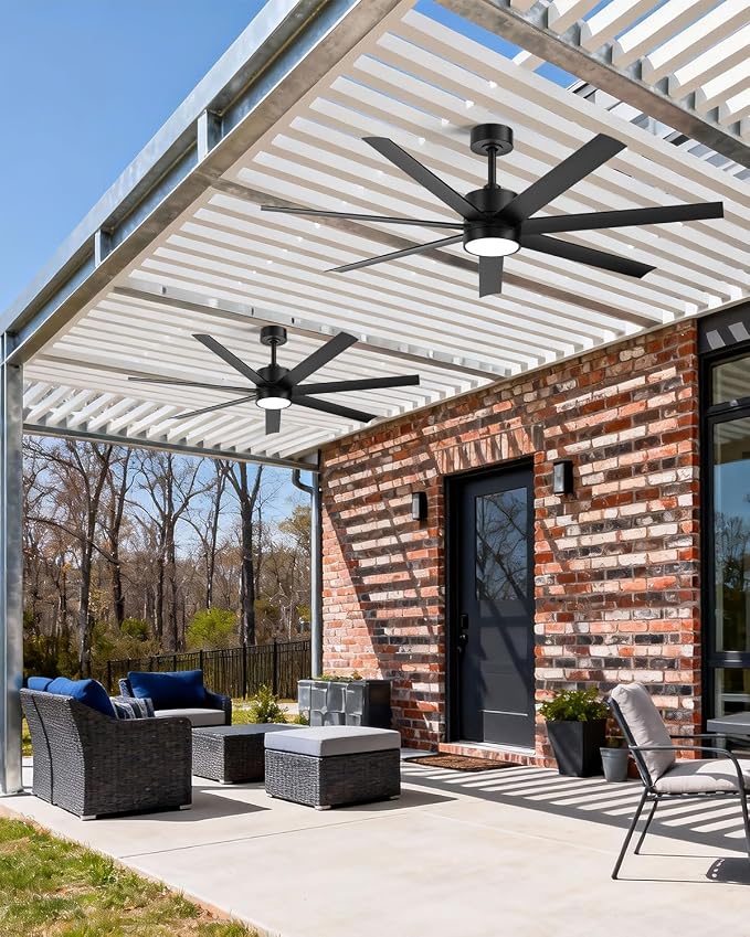 56 Inch Waterproof Wet Rated Outdoor Ceiling Fan with Light and Remote, 7 All-Weather Black Blades with UV Coating, High CFM Quiet DC Motor, for Commercial Patios, Exterior Porches & Gazebos