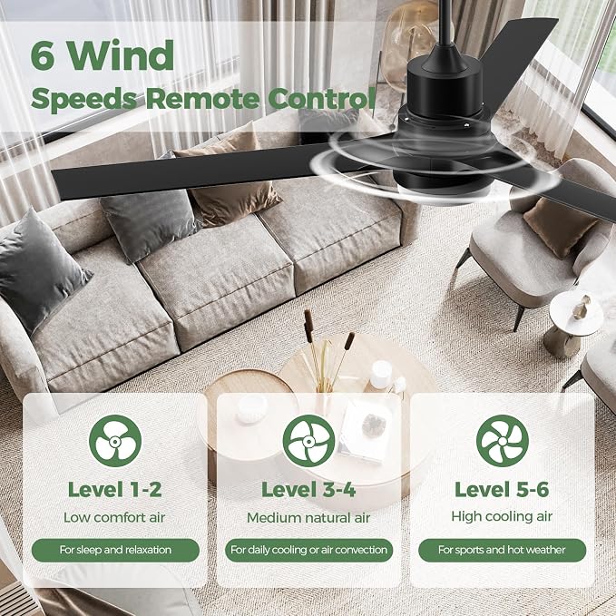 Obabala Outdoor Ceiling Fans with Lights, 52 Inch Black Ceiling Fan with Light and Remote 3 Color 6 Speed Adjustable, Noiseless DC Motor for Indoor Outdoor Patio Farmhouse Bedroom