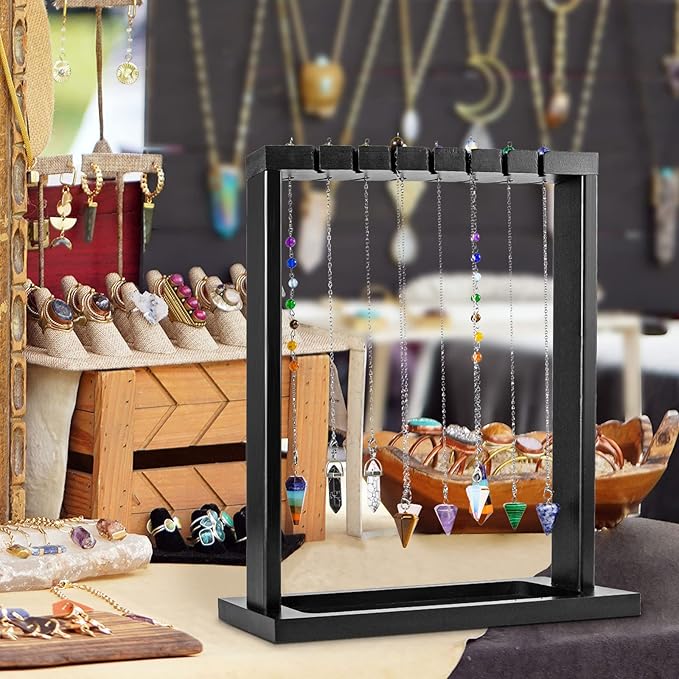 Black Pendulum Crystal Display Holder, Wood Witch Rock Stone Stand, Moon Phase Wiccan Supplies Incense Rack Shelf with Tray for Witchcraft Gift Organizer 15 Pendulum Necklaces