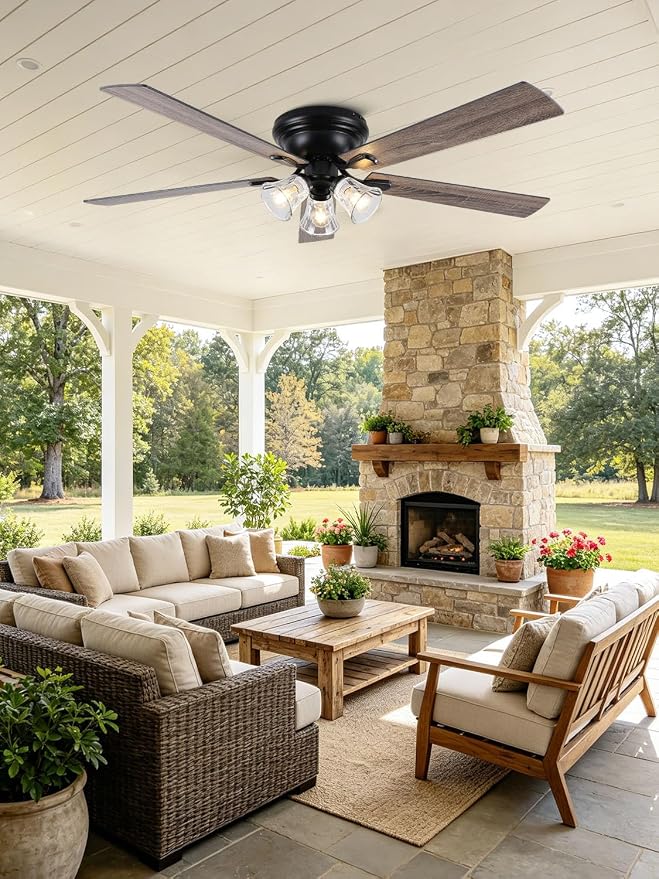 52" Flush Mount Crystal Ceiling Fan with Lights and Remote | Rustic Chandelier Ceiling Fan, Low Profile Farmhouse Fandelier for Bedroom Living Room Kitchen, 3 E12 Bulbs (Not Included)