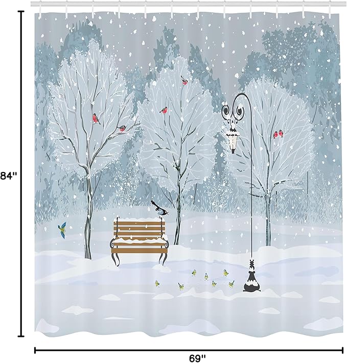 Ambesonne Christmas Shower Curtain, Snow Falling in The Park on a Cold Winter Day Birds Xmas Season Theme Picture, Cloth Fabric Bathroom Decor Set with Hooks, 69" W x 84" L, Blue and White