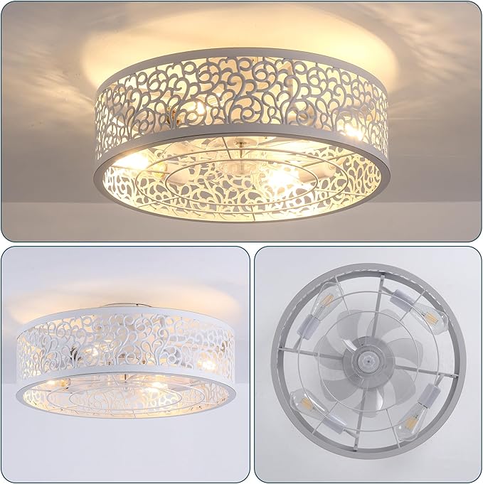 COCOSTAR Farmhouse Ceiling Fan with Light and Remote White Caged Fandelier | Smart Remote/APP,Low Profile,6 Speed,20in Small Flush Ceiling Light Fixture with Fan for Living Dining Kitchen Girls Bedroom