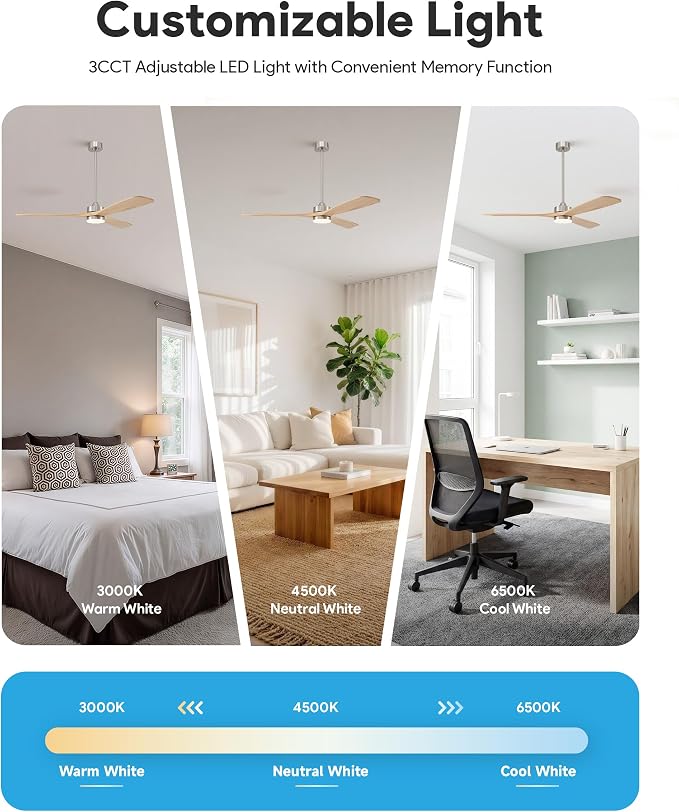 VONLUCE Wood Ceiling Fan with Lights, 60 Inch Ceiling Fan and Remote, 6 Speed Reversible Noiseless DC Motor, 3CCT, Solid Wood Outdoor Ceiling Fan for Patios Farmhouse, Nickel