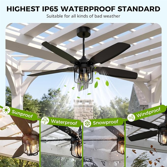 52 inch Outdoor Ceiling fan with Light and Remote Control, IP65 Waterproof 2700K Color light Ceiling fan, Reversible Quiet DC Motor, 5 Blades Black Ceiling Fan for Patios Gazebos Pergolas