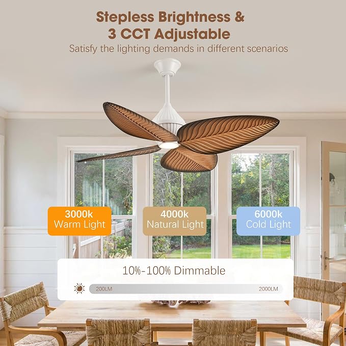 52"Tropical Ceiling Fans with Lights, Indoor Palm Leaf Ceiling Fan with Light and Remote for Living Room Bedroom, ABS Blades, Dimmable LED Lights, 6 Speeds, Adjustable Height-Light Wood Grain