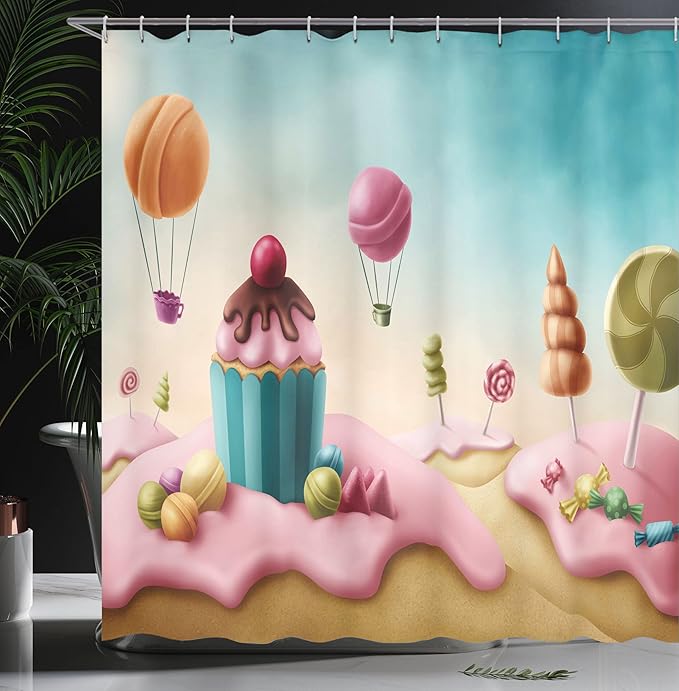 Ambesonne Fantasy Shower Curtain, Surreal Candyland Cupcake Bonbon Lollipops Food Delicious Sweets, Cloth Fabric Bathroom Decor Set with Hooks, 69" W x 70" L, Aqua Pink