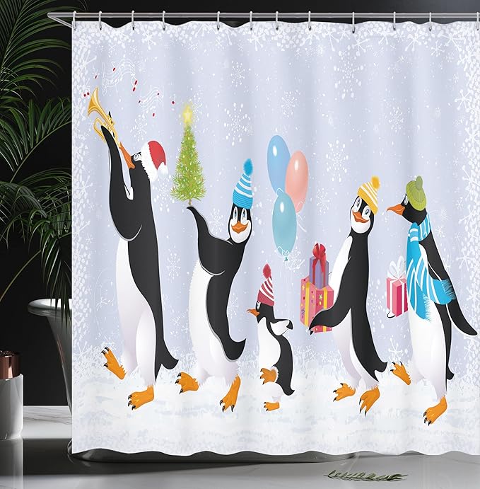 Ambesonne Christmas Shower Curtain, Group of Penguins in Caps Walking on Snow with Surprise, Cloth Fabric Bathroom Decor Set with Hooks, 69" W x 75" L, Soft Lavender