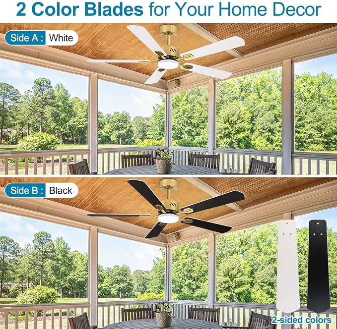 52 inch Ceiling Fan with Lights White and Gold, 3000K-6000K, 6 Wind Speeds, Dimmable LED Ceiling Fan 5 Blades, Quiet Reversible DC Motor, Modern Ceiling Fan for Bedroom, Living Room, Patio