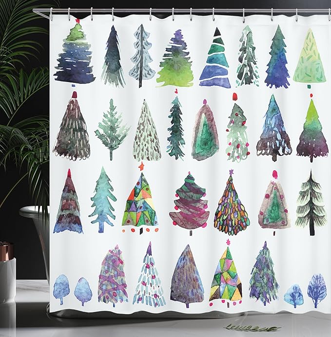 Ambesonne Christmas Shower Curtain, Watercolor Christmas Theme Fir Trees Artistic Abstract Silhouettes Illustration, Cloth Fabric Bathroom Decor Set with Hooks, 69" W x 84" L, Green Purple