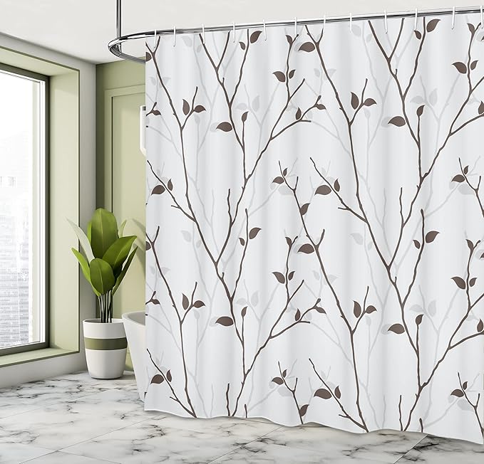 Ambesonne Leaf Shower Curtain, Branches in The Fall Trees Stem Twig with Last Few Leaves Minimalistic Design Art, Cloth Fabric Bathroom Decor Set with Hooks, 69" W x 70" L, Grey Brown