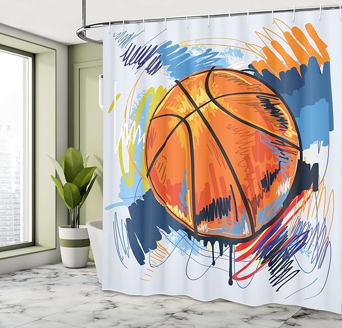 Ambesonne Sports Shower Curtain, Basketball Colorful Background Sketch Enjoyment Doodle Style Design, Cloth Fabric Bathroom Decor Set with Hooks, 69" W x 70" L, Blue Orange