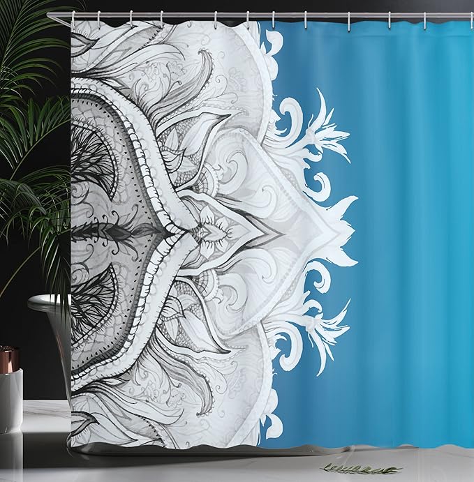Ambesonne Mandala Shower Curtain, Traditional Ornamental Lace Border Swirled Flower Lines Eastern Folk Artwork, Cloth Fabric Bathroom Decor Set with Hooks, 69" W x 70" L, Blue Dust