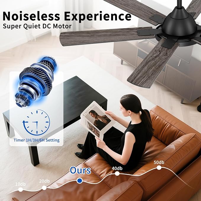 52 Inch Ceiling Fans with Lights, 6 Wooden Blades, Black | Remote Control, Reversible Quiet DC Motor, 6-Speed, 3CCT Dimmable LED, Timer for Living Room, Bedroom, Office