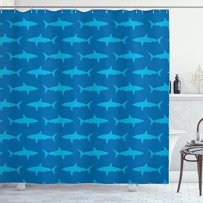 Ambesonne Sea Animals Shower Curtain, Sharks Swimming Horizontal Silhouettes Powerful Dangerous Wild Life, Cloth Fabric Bathroom Decor Set with Hooks, 69" W x 75" L, Blue