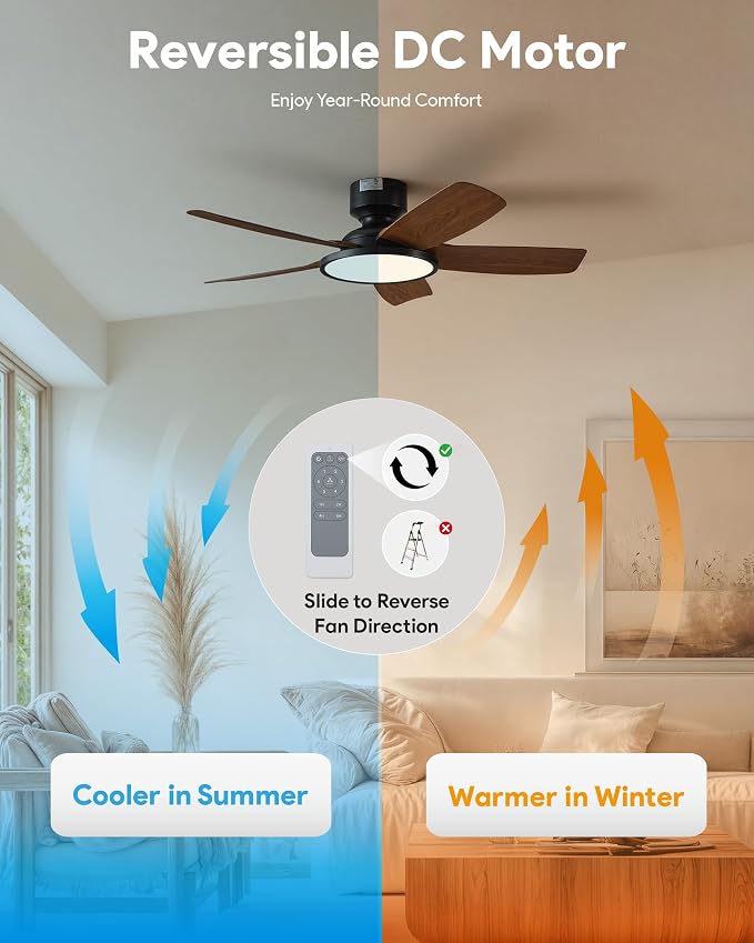 VONLUCE 42 Inch Ceiling Fan with Lights, Quick Install Ceiling Fan and Remote, 6-Speeds Noiseless Reversible DC Motor, 3CCT, Modern Ceiling Fan for Bedroom Living Room Kitchen, Dark Wood Grain