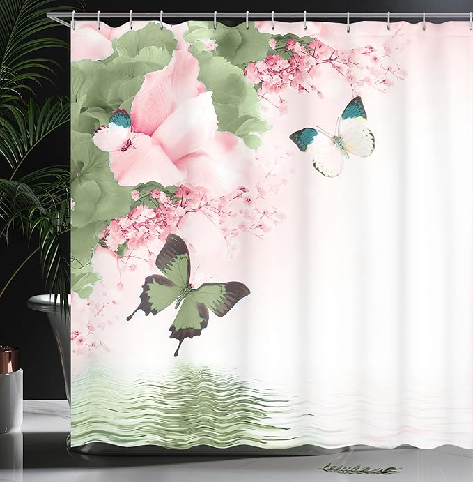 Ambesonne Floral Shower Curtain, Nature Theme Wild Flowers Monarch Flying Butterflies Lily on Lake Therapy Spa, Cloth Fabric Bathroom Decor Set with Hooks, 69" W x 70" L, Pistachio Green