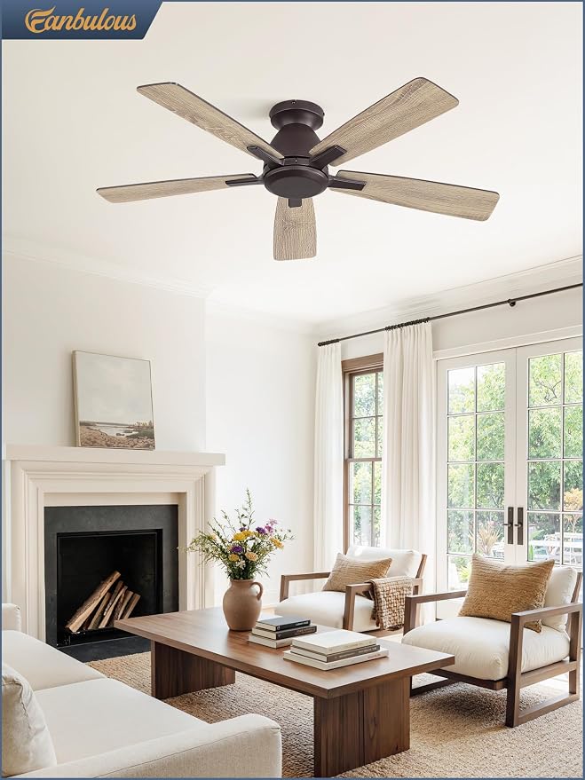 Fanbulous 52 Inch Flush Mount Ceiling Fan No Light with Remote, Oil Bronze | Modern Low Profile Without Light, 6-Speed, Quiet Reversible DC Motor, Indoor/Outdoor Use, for Bedroom, Living Room, Patio