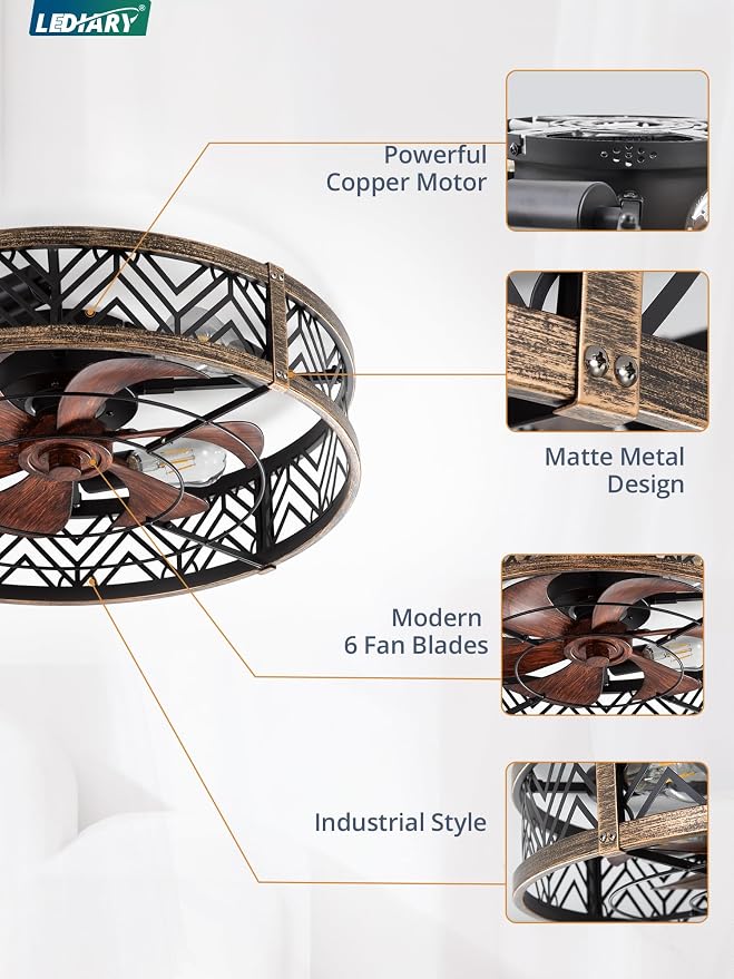 LEDIARY 23" Caged Ceiling Fan with Light, Large Flush Mount, App&Remote Control, Low Profile Bladeless Fan Light Fixture 6 Speed, Reversible and Quiet Motor-Black Gold
