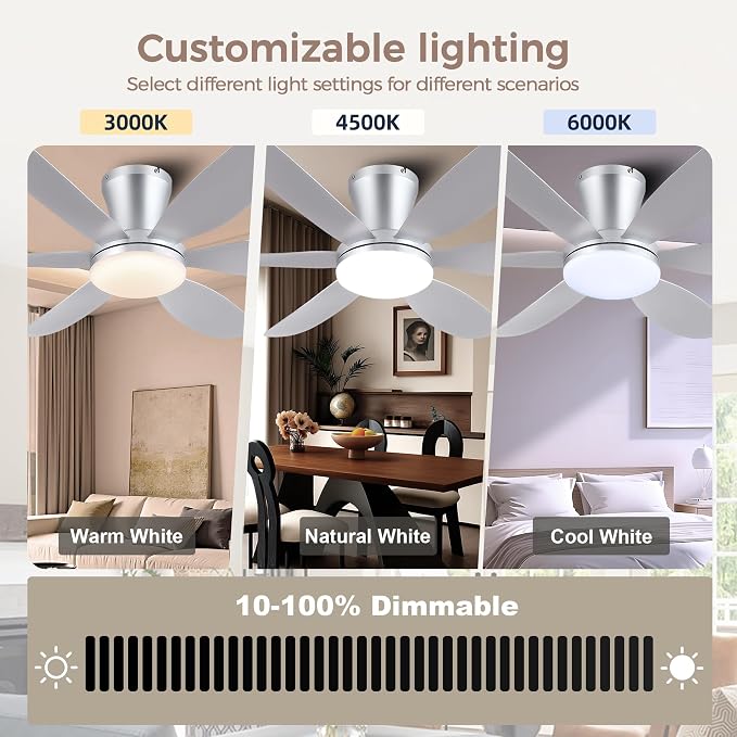 GJeg Ceiling Fans with Lights,42" Low Profile Ceiling Fan with Light and Remote Control,Flush Mount, Reversible, Dimmable, Noiseless, Silver Ceiling Fan for Bedroom