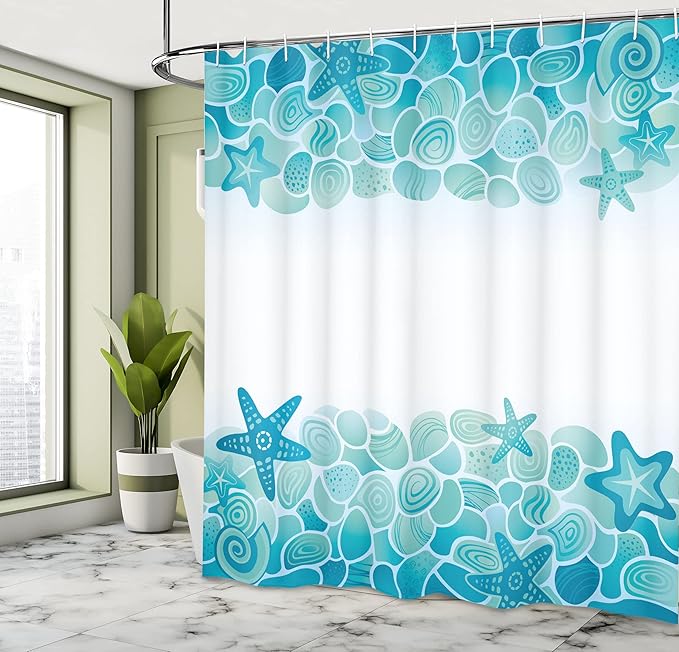 Ambesonne Ocean Shower Curtain, Modern Sealife Marine Sea Shells Stars Fish Under The Sea Image, Cloth Fabric Bathroom Decor Set with Hooks, 69" W x 84" L, Turquoise Seafoam