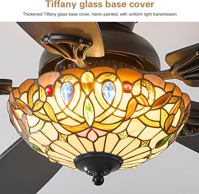 Tiffany Ceiling Fans with Lights - 48" Ceiling Fan Chandelier with 5 Dual-Blades and Glass Shade, 6 Speeds and Reversible, Indoor and Outdoor, Retro Style