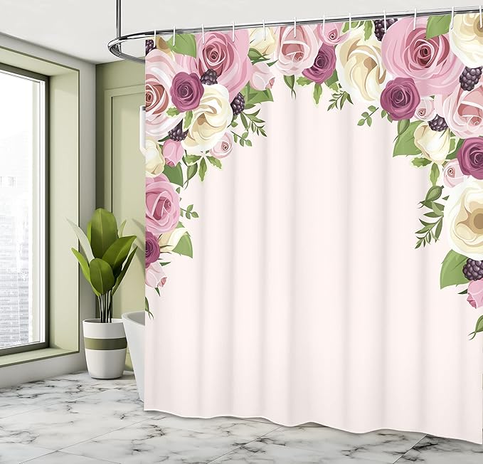 Ambesonne Rose Shower Curtain, Romantic Lisianthus Berries as an Arch Marriage Wedding and Gatherings Design in Soft Pastel Colors, Cloth Fabric Bathroom Set with Hooks, 69" W x 75" L, Purple Cream