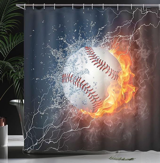 Ambesonne Sports Shower Curtain, Sportive Theme Design of Baseball Ball and Water Splashing Thunder Speedy Illustration, Cloth Fabric Bathroom Set with Hooks, 69" W x 75" L, Blue and Burgundy