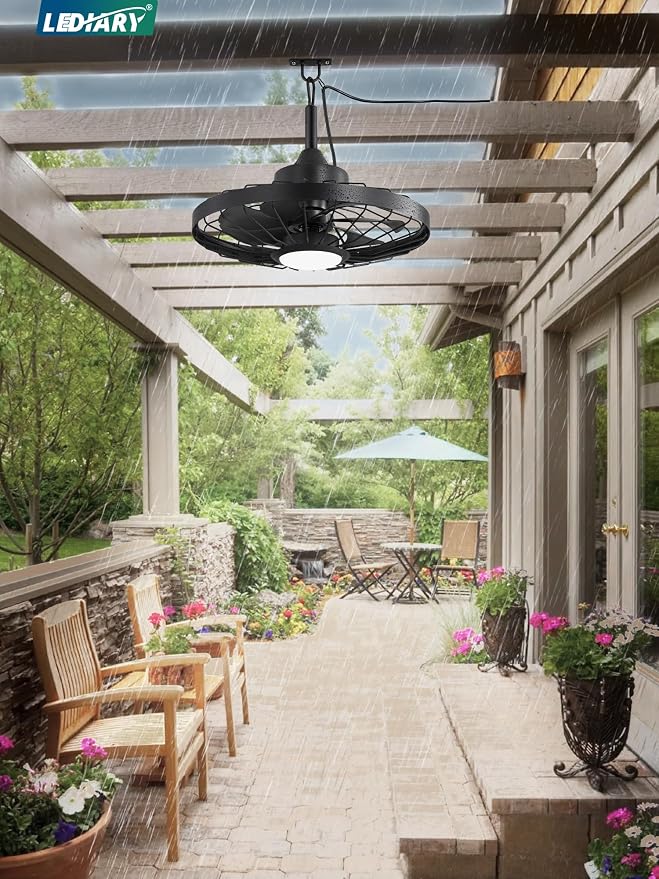 LEDIARY 20" Outdoor Ceiling Fan with Lights,IP65 Waterproof Gazebo Hanging Fan with Remote Control Smart App, Plug in Caged Ceiling Fan with 3CCT 6-Speeds for Patio Porch Pergola(Black)