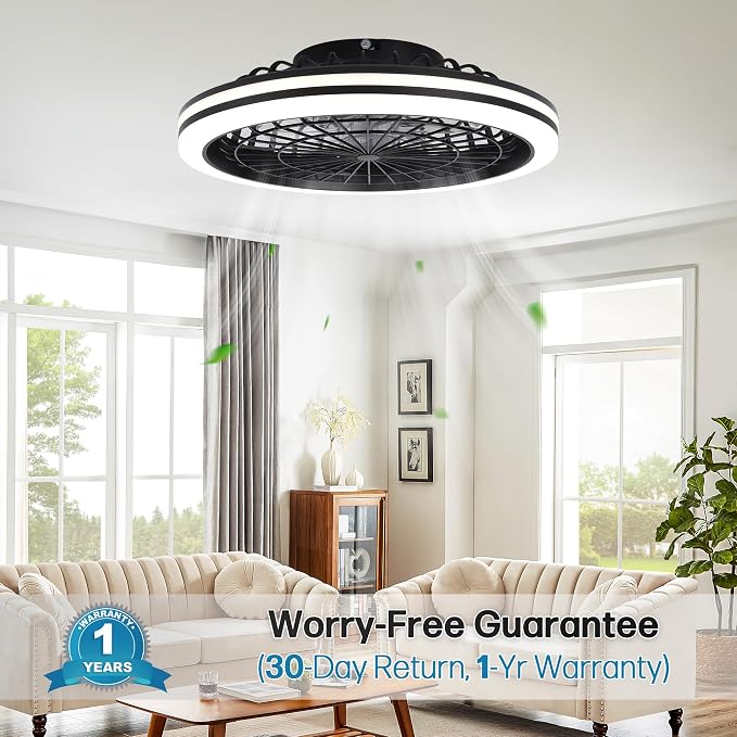 20" Bladeless Ceiling Fans with Light Remote Control,LED Smart Flush Mount Ceiling Fan With light for Bedroom, Kids Room, Reversible Motor, 6 Wind Speed, 3000LM, 57W-White/Black (Black2)