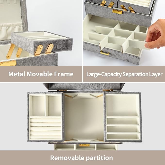 Dajasan Jewelry Organizer Box, Large Velvet Jewelry Boxes for Women Girls, Space-Saving 3 Layers Jewelry Storage Case with Drawer, Movable Metal Stand, Modern, Gift Idea (Grey)