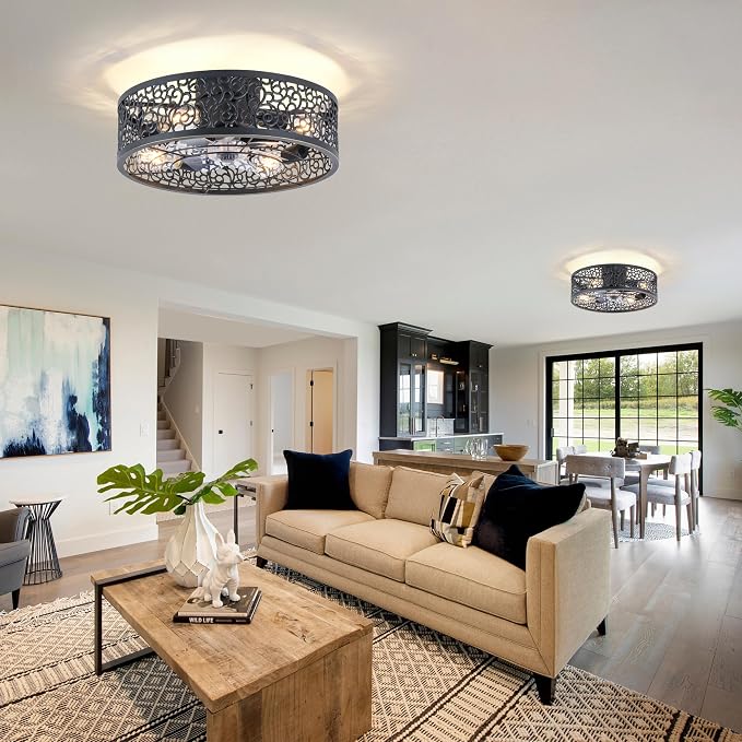 COCOSTAR Caged Ceiling Fan with Light Flush Mount Farmhouse Black Fandelier | Remote/APP,Low Profile,Enclosed,Bladeless,Quiet,20" Rustic Light Fixture with Fan for Kitchen Bedroom Living Room Dining Room