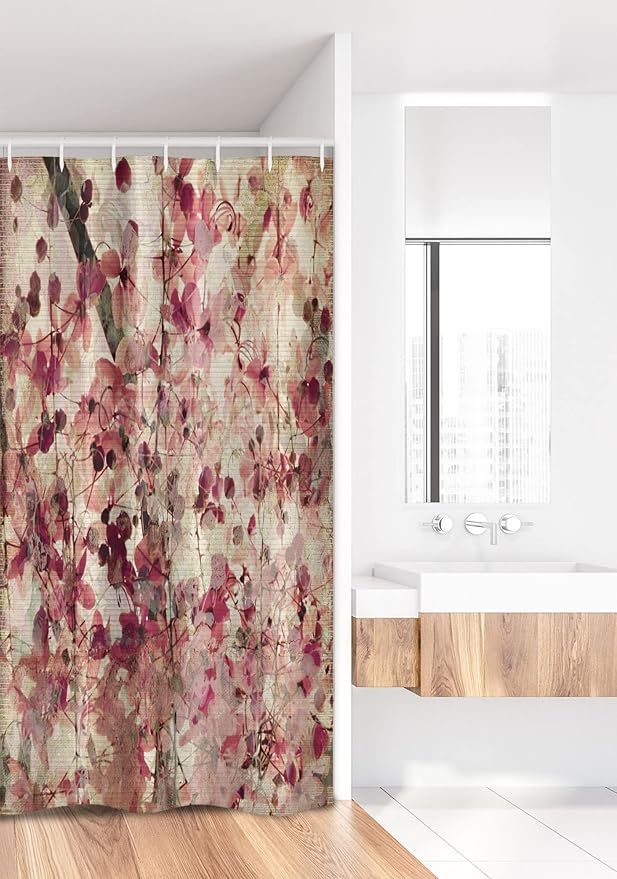 Ambesonne Antique Stall Shower Curtain, Grungy Effect Cherry Blossoms on Retro Background Floral Art Work Nostalgia, Fabric Bathroom Decor Set with Hooks, 36" W x 72" L, Beige and Pink