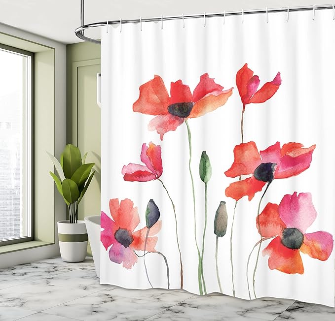 Ambesonne Watercolor Flower Shower Curtain, Poppies Wildflowers Nature Meadow Painting in Watercolor Effect Warm Artwork, Cloth Fabric Bathroom Decor Set with Hooks, 69" W x 84" L, Burnt Orange Green