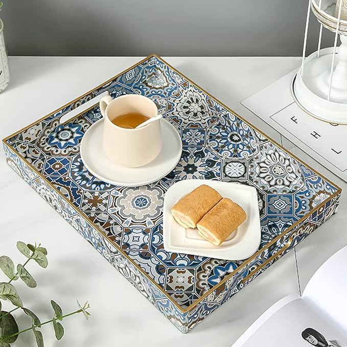 AGIOTA Boho Coffee Table Trays Serving Tray with Handles Large Tray for Ottoman Modern Decorative Tray for Living Room