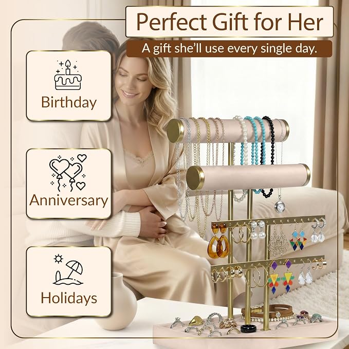 Jewelry Tower Stand Organizer for Women - Soft Touch Velvet Elegant Jewelry Holder Display with Necklace Holder, Earring Organizer & Bracelet Rack - Tabletop Stand for Dresser, Vanity, Desk - Beige
