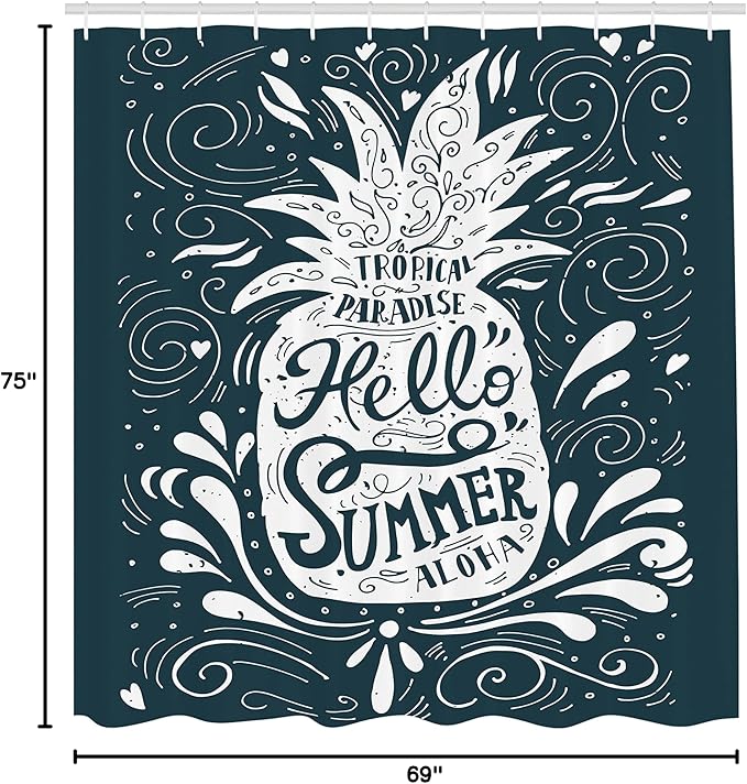 Ambesonne Summer Shower Curtain, Print Hello Summer Aloha with a Pineapple Summertime Tropic Exotic Warm Weather, Cloth Fabric Bathroom Decor Set with Hooks, 69" W x 75" L, White Black