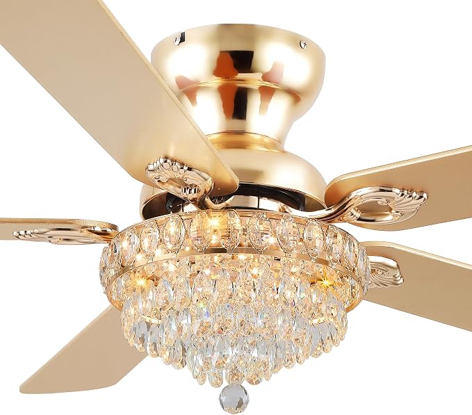 GJeg Crystal Ceiling Fan Fandelier with Lights-Ceiling Fans with Remote Control,Modern Ceiling Fan with Noiseless DC Reversible Motor,Dining Room,Living Room(52" Gold)